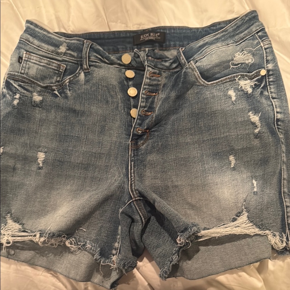 Judy Blue Blue Jean Shorts Distressed Mid-Length